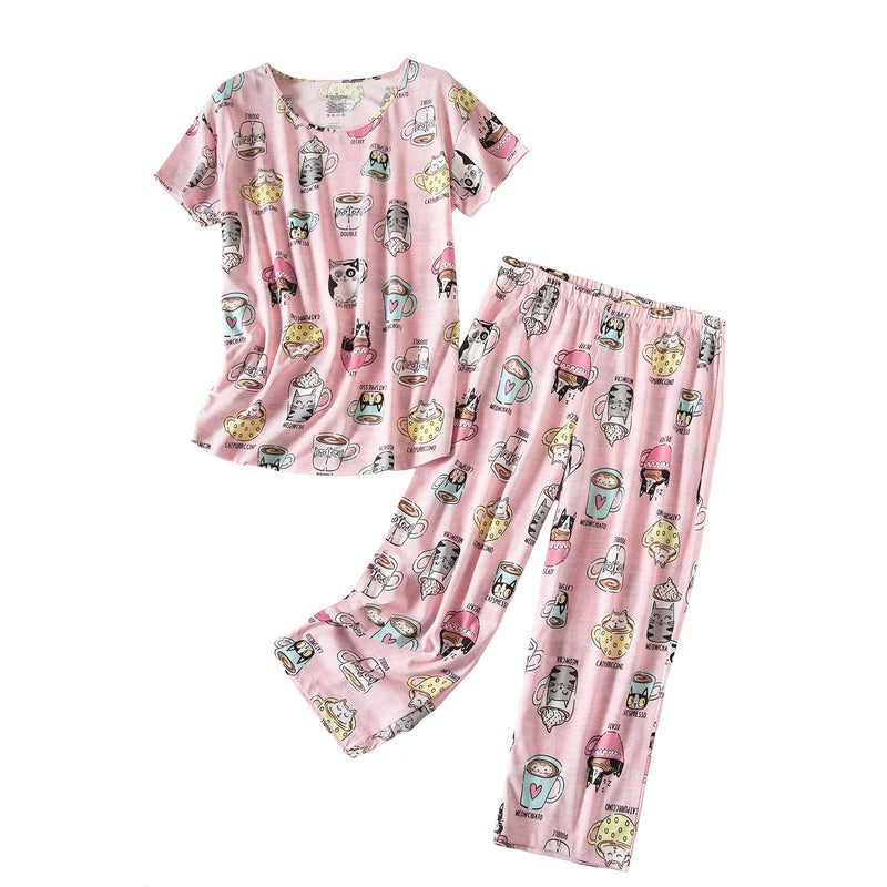 PNAEONG Womenâ€™s Pajama Set - Sleepwear Tops with Capri Pants Casual and Fun Prints Pajama Sets SY215-Cup Cats-S - Image 1